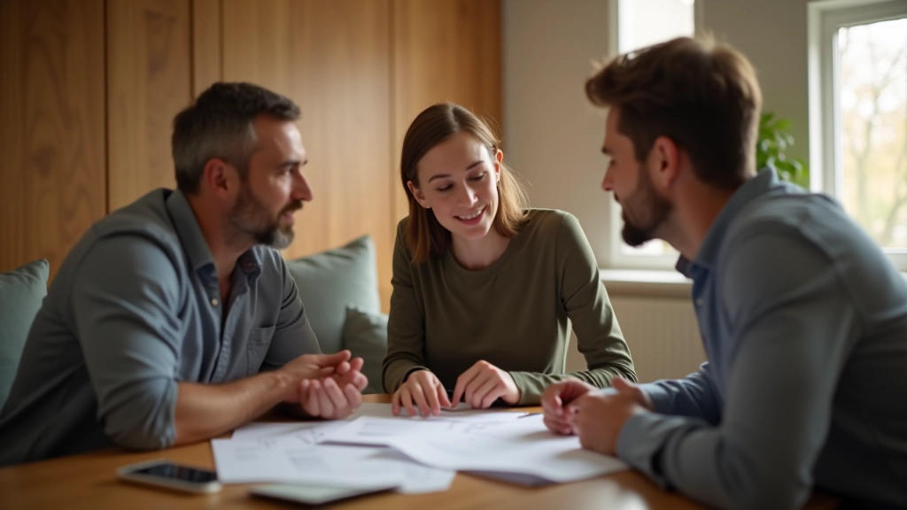 Familie in modernem Wohnzimmer, Gespräch über Haushaltbudget und Finanzplanung