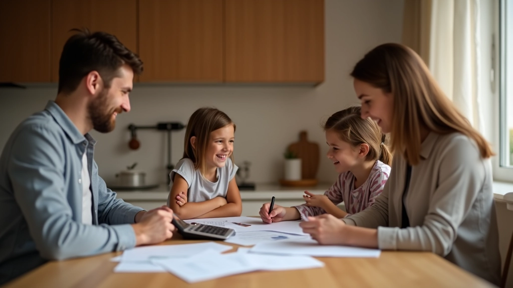Familie sitzt am Küchentisch und bespricht Budget und Ausgaben, Finanzplanung Zuhause