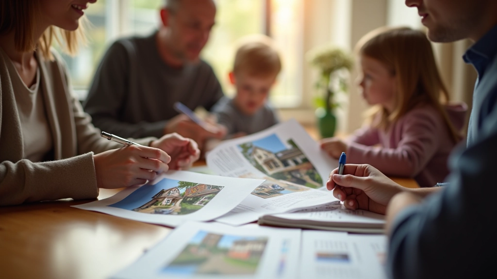 Familie schaut sich Immobilienmakler-Prospekte an, Esstisch mit Unterlagen