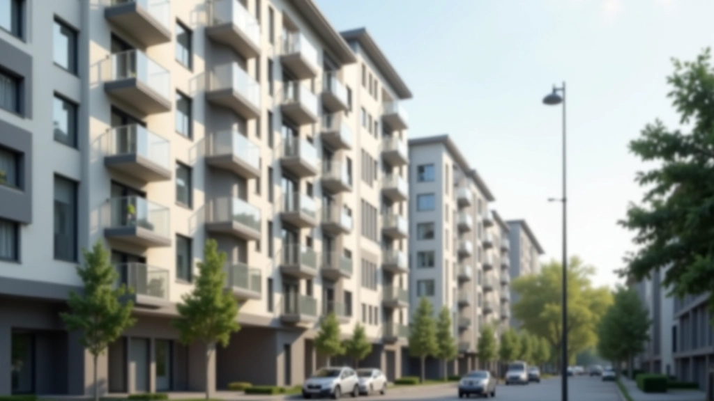 Blick auf Wohngebäude in Großstadt, moderne Fassade mit vielen Wohnungen