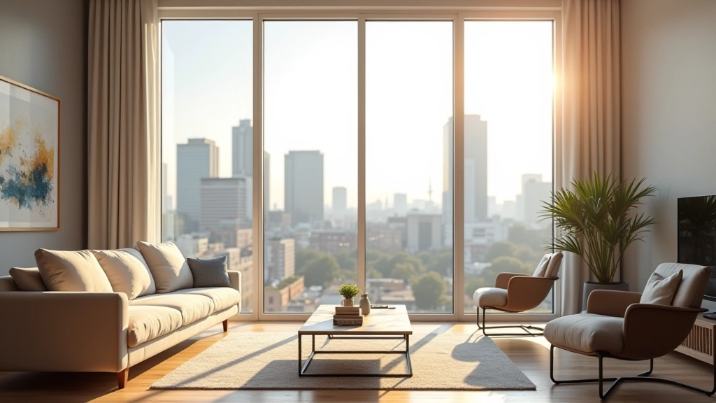Modernes Wohnzimmer mit großem Fenster, Stadtblick, helles Tageslicht, moderne Möbel