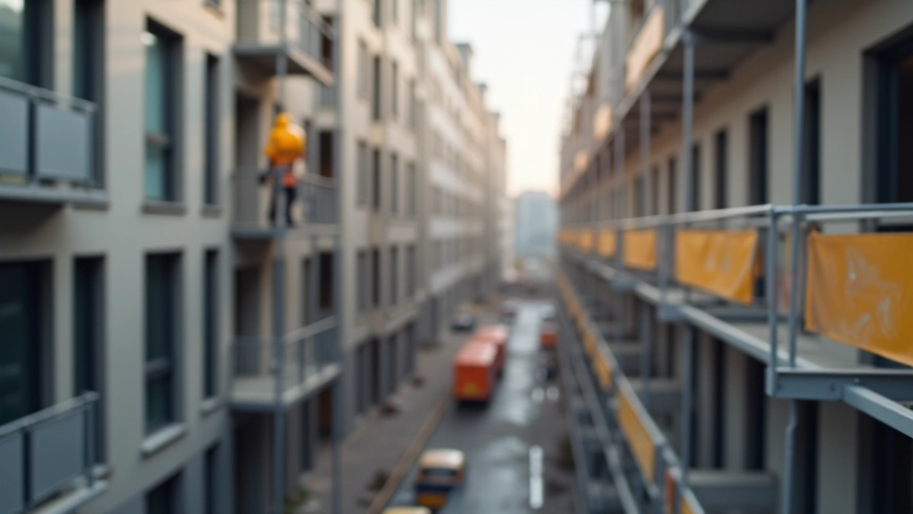 Neubaubaustelle in Großstadt, Baugerüste und modernes Wohngebäude im Bau