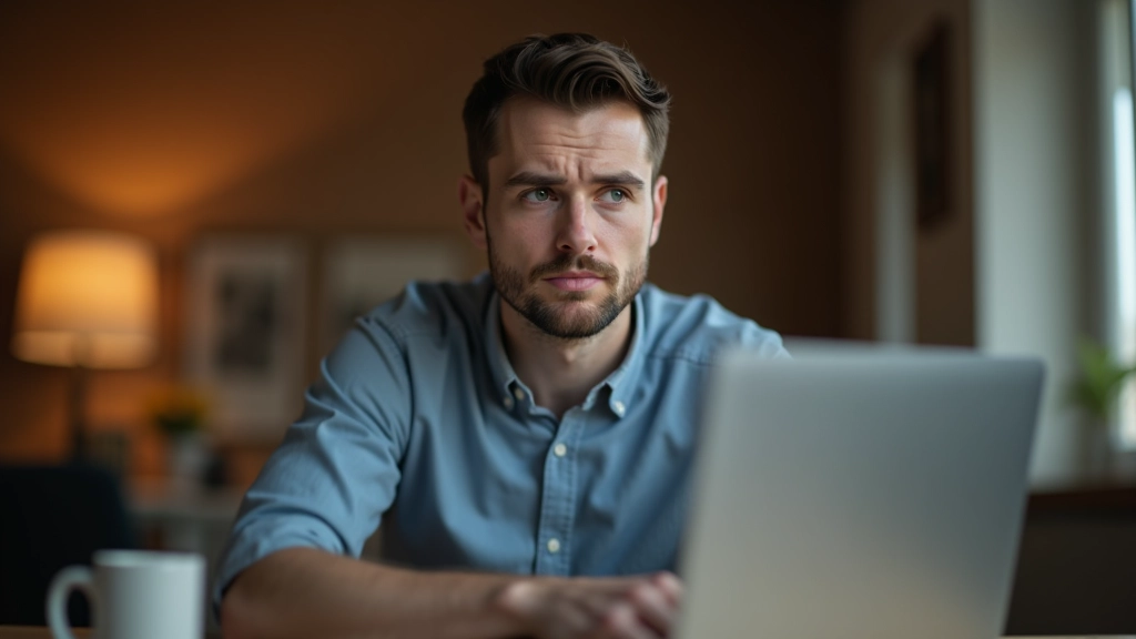 Verbraucher mit besorgtem Gesicht betrachtet Wohnungsanzeigen am Laptop und Papiernotizen