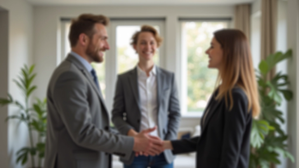 Makler zeigt jungem Paar eine Wohnung, Besichtigung in moderner Wohnanlage