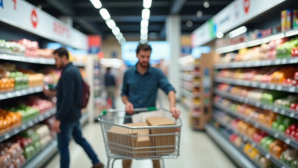 Verbraucher beim Einkaufen, Einkaufswagen im Supermarkt, alltägliche Konsumausgaben