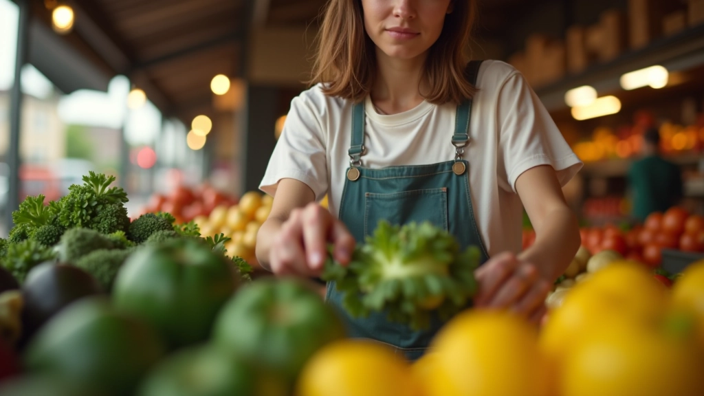 Einkaufsszene mit Fokus auf Gemüse und Grundnahrungsmittel statt Luxusgüter