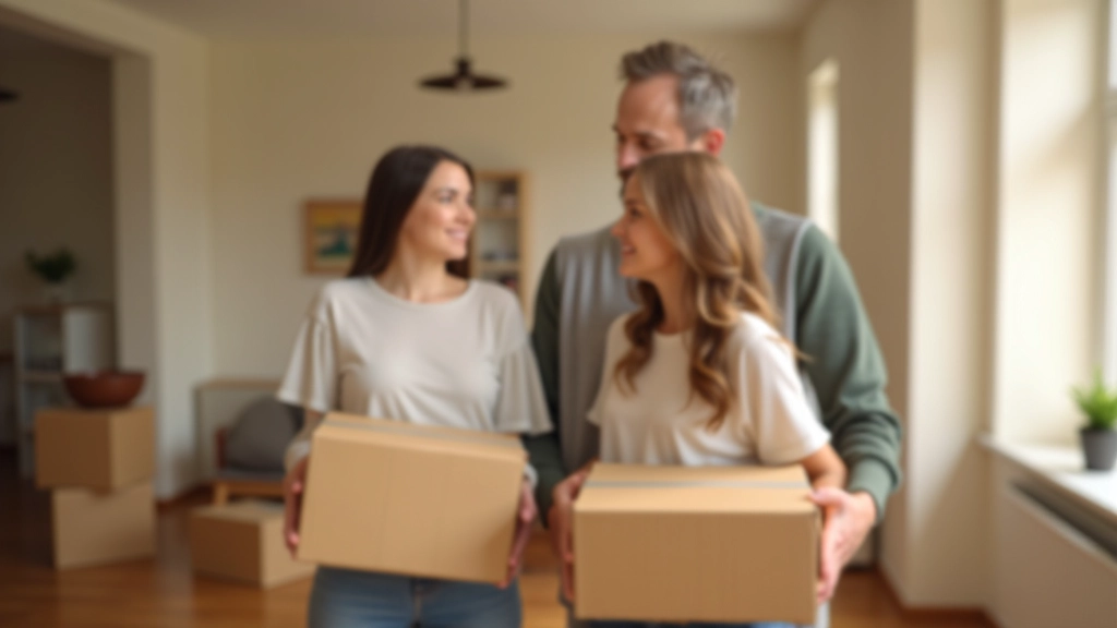 Paar beim Umzug, Umzugskartons und Möbel in neuer Wohnung